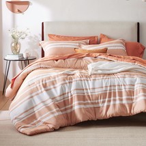 Bed In A Bag King Size 7 Pieces, Burnt Orange White Striped Bedding Comf... - £93.51 GBP