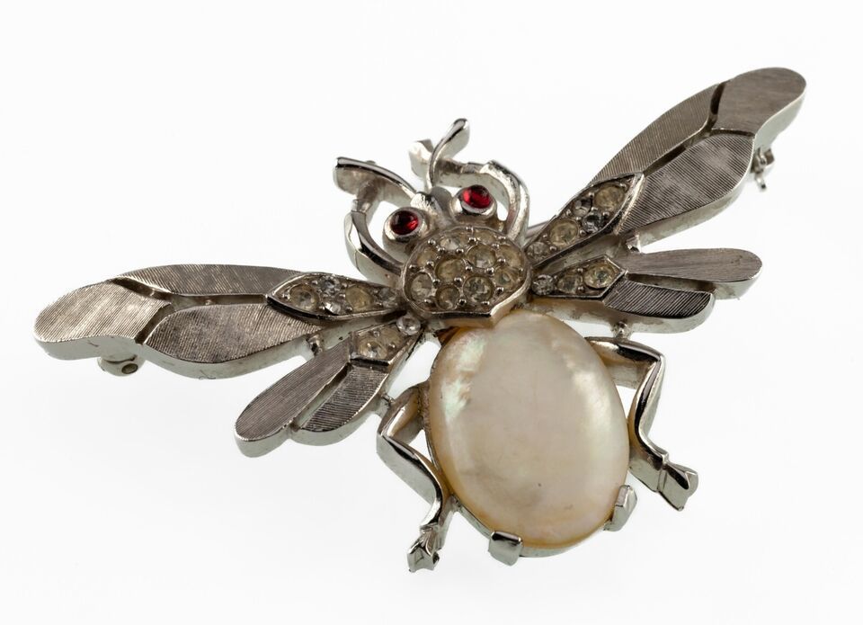 Primary image for Trifari Silvertone Jelly Belly Pearl Bee Brooch Crown Hallmark 1950s