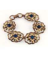 Art Deco 12k Gold Filled on Sterling Silver Faux Saphire Floral Bracelet 7&quot; - $200.04 CAD