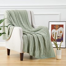 Sage Green Cable Knit Throw Blankets For Couch Bed Sofa, Acrylic Knitted Blanket - £31.31 GBP