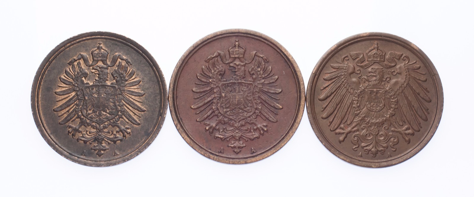 1876-A, 1889-A & 1892-A Germany 1 Pfennig Lot of 3 Coins (XF-AU Condition) Item image 3