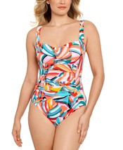 Swim Solutions PALM ART Shirred Tummy-Control One-Piece Swimsuit Size 10 Pink - £46.67 GBP