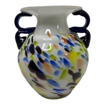 Vintage Splattered Blown Art Glass Vase Large Double Purple Handles Abst... - £61.07 GBP