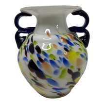 Vintage Splattered Blown Art Glass Vase Large Double Purple Handles Abst... - $77.61