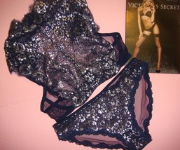 Victoria&#39;s Secret collo Alto 32D,34B,34C,34D Reggiseno Set Mutandine Navy Blu - £66.46 GBP