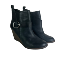 Lucky Brand Yishi Ankle Booties Women 8.5 Black Leather Stacked Wedge Zi... - £19.89 GBP