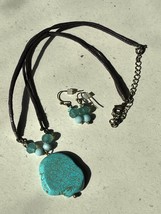 Demi Brown Cord w Light Blue Beads &amp; Faux Turquoise Stone Pendant Neckla... - £14.56 GBP