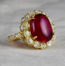 Natural Old Red Spinel Cabochon Mutual Yellow Diamond 18k Gold Vintage Ring - £7,216.38 GBP