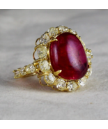 Natural Old Red Spinel Cabochon Mutual Yellow Diamond 18k Gold Vintage Ring - £7,318.82 GBP