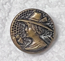 Older Coppery Gold Tone Metal Picture Button Woman w Hat Profile 5/8&quot; - £5.14 GBP