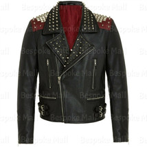 New Men&#39;s Handmade Black Punk Silver Studded Cowhide Biker Leather Jacke... - £219.71 GBP