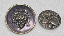 2 Antique Metal Buttons 1 Grape Cluster w Purple 1&quot; 1 Strawberries &amp; Lea... - $7.43