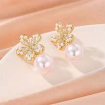 Pearl &amp; Cubic Zirconia 18K Gold-Plated Floral Baguette-Cut Drop Earrings - £11.24 GBP