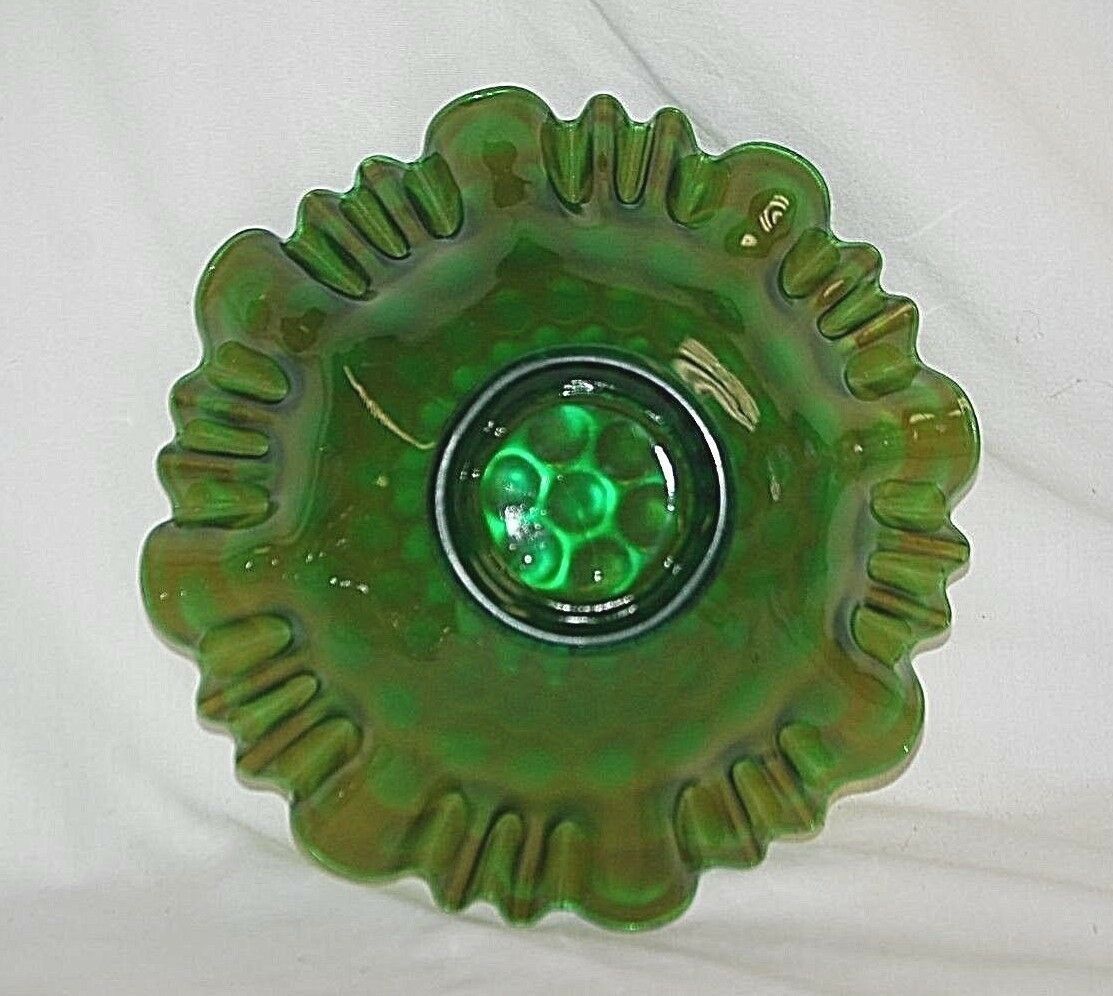 Antique Fenton Green to Amethyst Carnival Glass Coin Dot Bowl 3 -1 Crimped Edge Item image 3