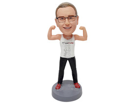 Custom Bobblehead Strong looking guy wearing a tank top and gym shoes posing fle - £69.84 GBP