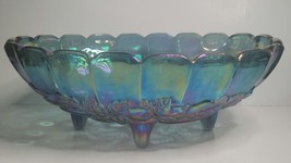 Indiana Carnival Glass Harvest Grape Iridescent Blue 4-Footed Fruit Bowl Vtg - £54.07 GBP