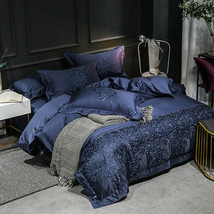 4pc. Luxury Egyptian Cotton Dark Blue Embroidered Queen King Duvet Cover Set - £42.88 GBP+