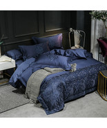 4pc. Luxury Egyptian Cotton Dark Blue Embroidered Queen King Duvet Cover... - £42.64 GBP+