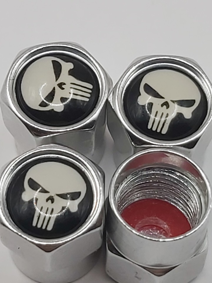 Set of 4 Chrome  Punisher Tire Valve Stem Caps For Car, Standard Fitting... - $6.75