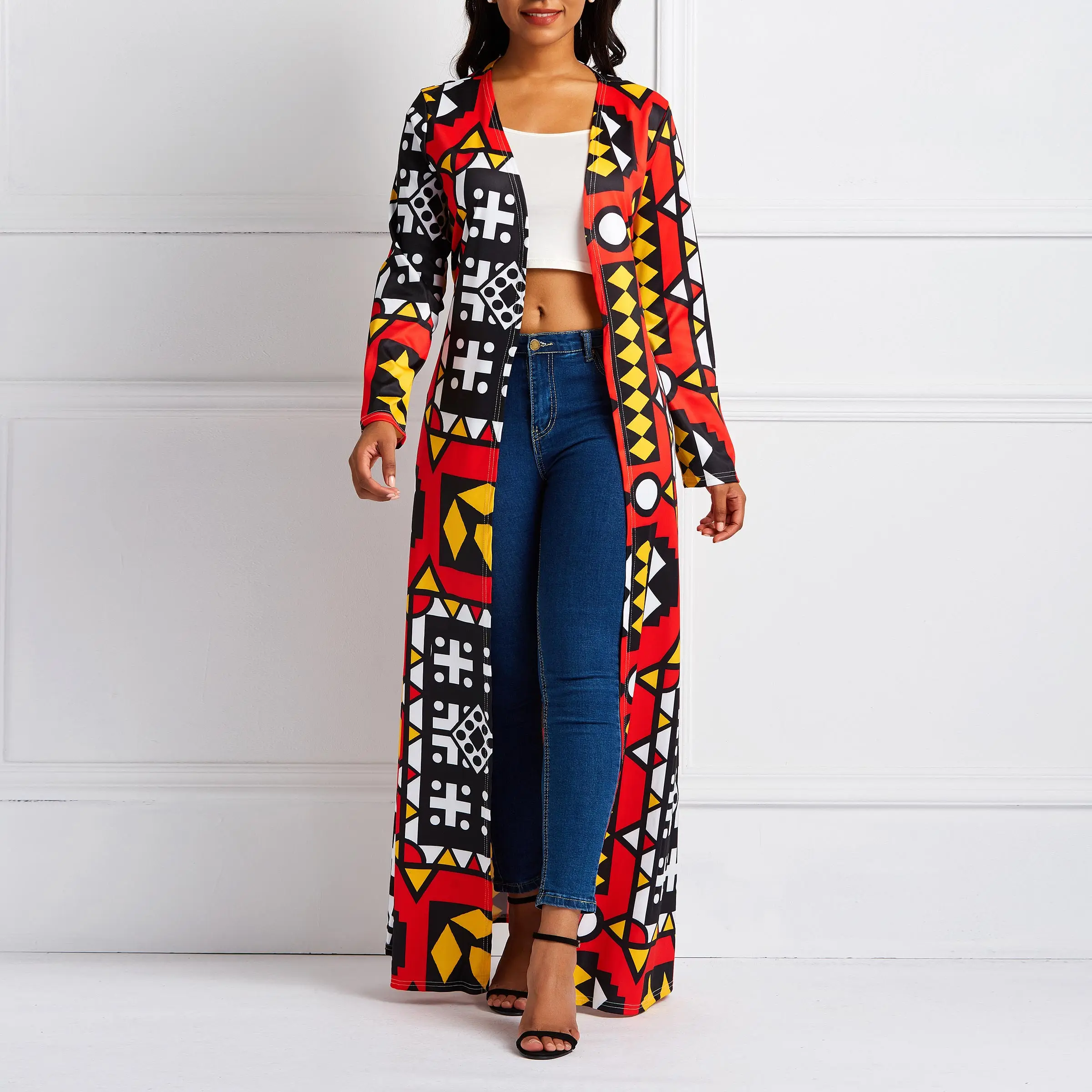  Ethnic Print Long Coat  Loose Overcoat Autumn Outwear Red  s es  Up Boho Oversi - £152.92 GBP