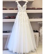 V Neck Straps Wedding Dresses Bridal Gowns with Appliques Lace - £159.56 GBP+