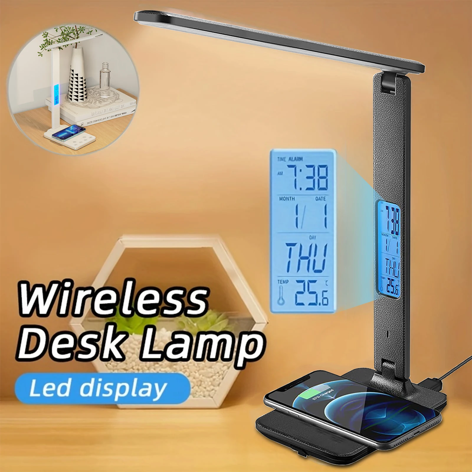 10W  Wireless Charger Pad Reading Desk Lamp Temperature Alarm Clock Eye ... - $42.33+