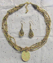 Glass Beaded Jewelry Set OOAK Ceramic Green &amp; Pink Clay Pendant from Designers - £27.64 GBP