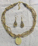 Glass Beaded Jewelry Set OOAK Ceramic Green &amp; Pink Clay Pendant from Des... - £27.45 GBP
