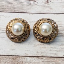 Vintage Clip On Earrings - Domed Ornate Bronze Tone &amp; Faux Pearl 1&quot; - $15.99