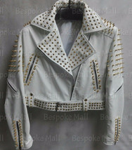 New Woman&#39;s White Brando Style Golden Spiked Studded Biker Leather Jacket-295 - £311.35 GBP
