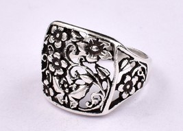 925 Sterling Solid Silver Flower Ring Unisex Casual Wear Square Ring For Gift - £42.53 GBP+