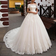 Short Sleeves White Wedding Dress Off the Shoulder A-line Big Tail Bridal Gowns - £178.63 GBP