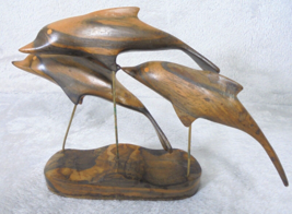 Wooden Hand Carved 3-Dolphin Statue Figurine Sculpture Wood Home Decor - $18.69