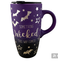 Cobwebs and Cauldrons Purple &amp; Black Something Wicked Bats &amp; Stars Tall Mug Lid - £22.84 GBP