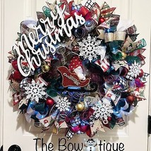 Handmade Christmas Gnome in Sleigh Holiday Ribbon Door Wreath 26 ins LED... - $110.00