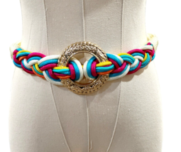 1980s Braided Woven Belt Fabric Cord Pink Blue Yellow Gold Ring Eclectic Vintage - £13.78 GBP