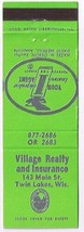 Matchbook Cover Village Realty &amp; Insurance Twin Lakes Wisconsin Green - £1.57 GBP