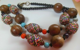 Vintage Designer Long Wood, Glass &amp; Silk Thread Wrapped Bead Necklace /Spain - £116.81 GBP