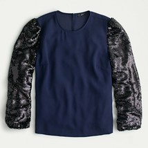 NWT Womens Size XS J. Crew Navy Blue Black Sequin Sleeve Crepe Blouse Top - £33.15 GBP