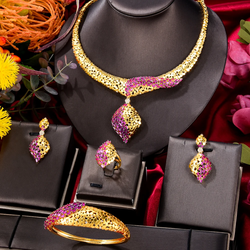 BIG Fashion 4PCS Luxury FLower African Jewelry Set For Women Wedding Party Cubic - $213.00