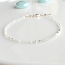 Aquamarine gemstone silver bracelet,march birthstone jewelry,thin minimal bracel - £21.88 GBP