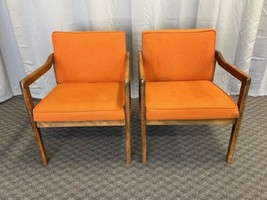 Vintage ARM CHAIR PAIR mid century modern wood office upholstered dining set 70s - £196.58 GBP