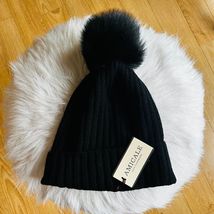 AMICALE Cashmere Genuine Shearling Pompom Beanie Hat, Color: Black, One ... - $79.00