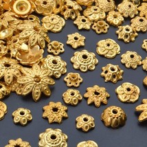 20 Flower Bead Caps Shiny Gold Tone Spacers Findings Floral Mixed Set - $5.08