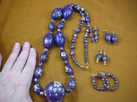 (V-282) big Blue Cloisonne bead gold 40&quot; Necklace + 4 pairs dangle earrings set - £330.67 GBP