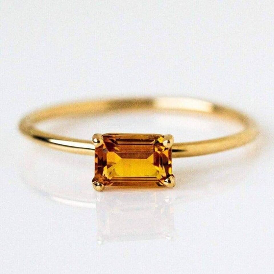 Primary image for Natural Citrine Promise Ring, 14K Gold Plated Emerald Cut Minimalist Jewelry