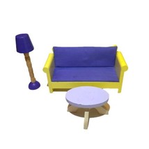 VTG Dollhouse Furniture 3 piece Wood Floor Lamp Coffee Table Couch Purple Yellow - £17.50 GBP