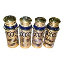 Vintage F.B. Rogers Cobalt Blue & Brass Salt Pepper Shakers Set of 4 w/ Box image 4
