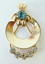 Vtg Aqua Blue &amp; White Prong Set Rhinestone &amp; Gold Tone Pendant Art Deco Style - £13.10 GBP