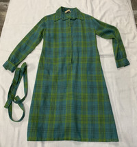 Vintage Donald Davies of Dublin Green Blue Plaid  Wool Shirt Dress w/ Be... - $46.48